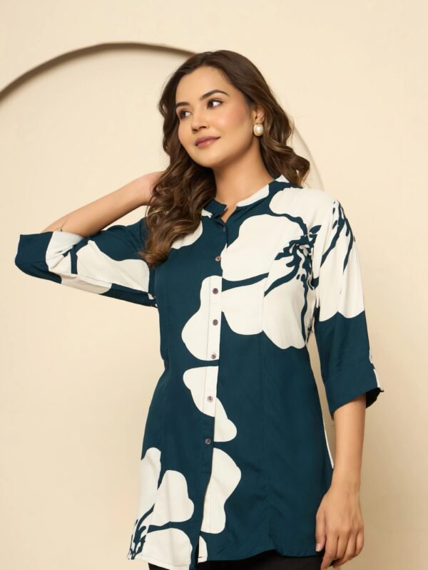 Teal Blue Mandarin Collar Floral Top