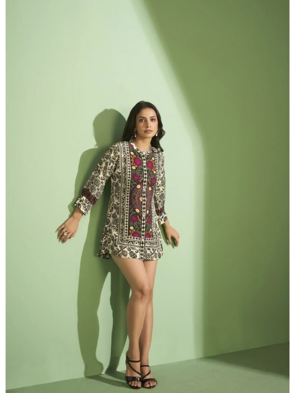 Cream Base with Crepe Black Placement Floral Printed Tunic