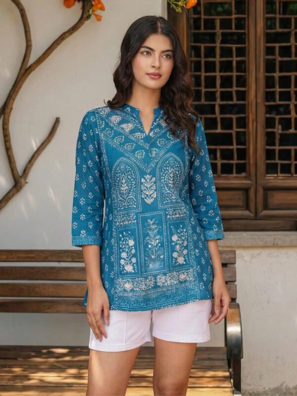 Indigo Geometric Floral Print Muslin Kurti