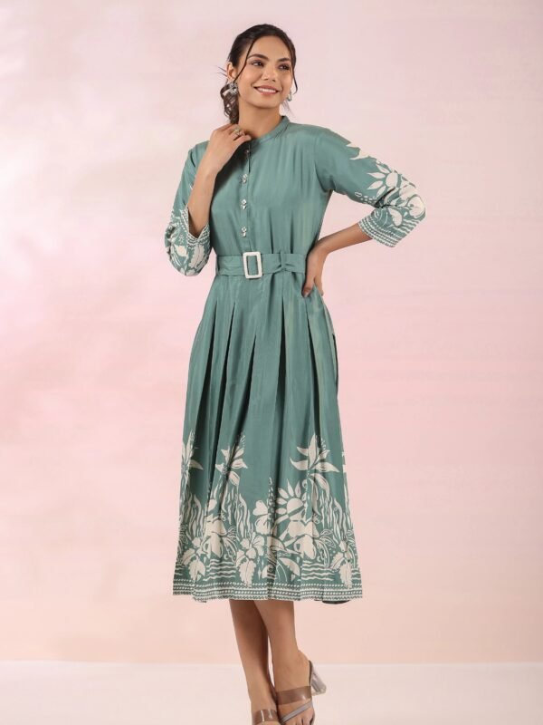 Sage Green Russian Silk Floral  Printed Midi Dress