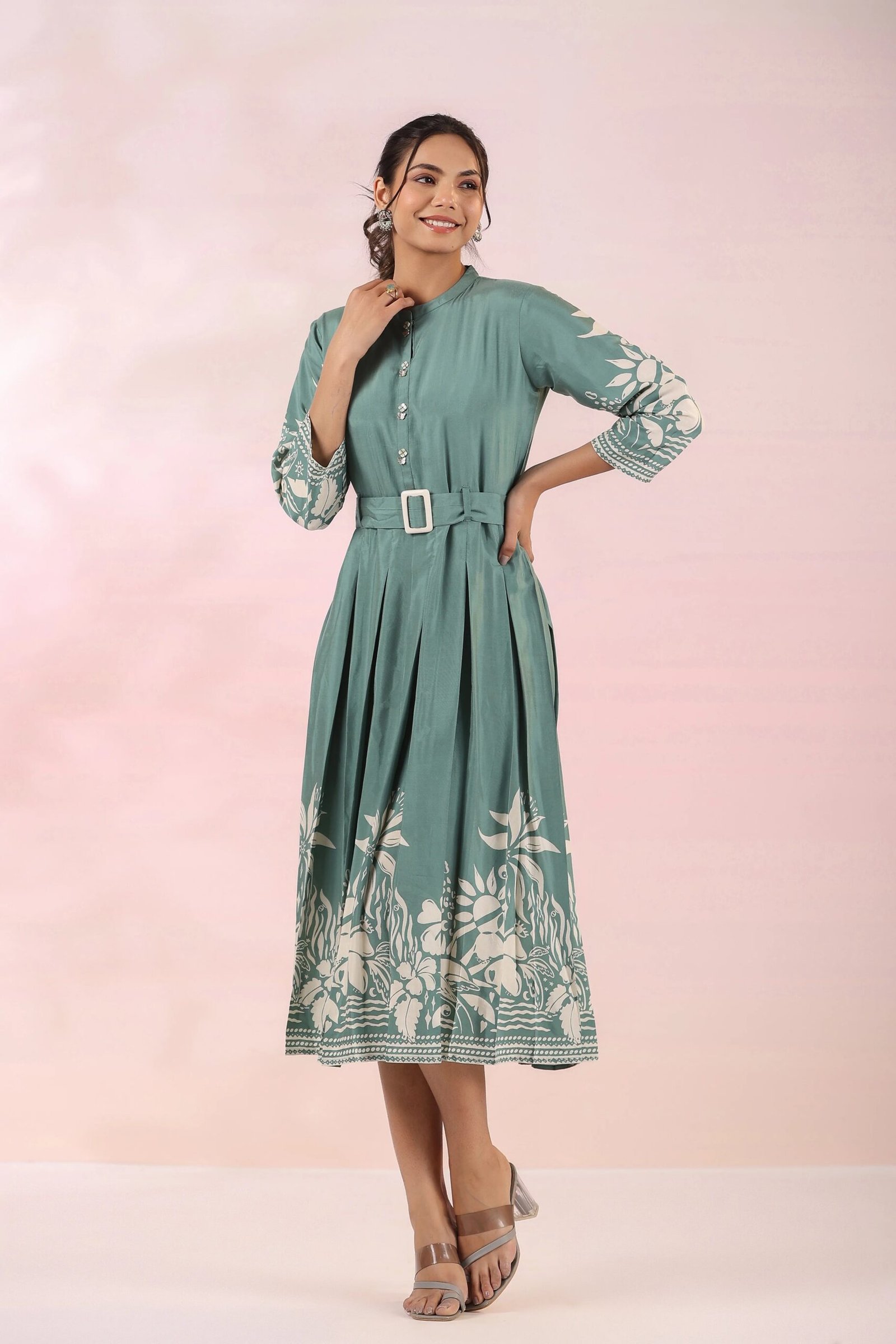 Sage Green Russian Silk Floral Printed Midi Dress