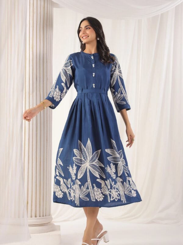 Teal Blue Russian Silk Bold Floral Printed Midi Dress