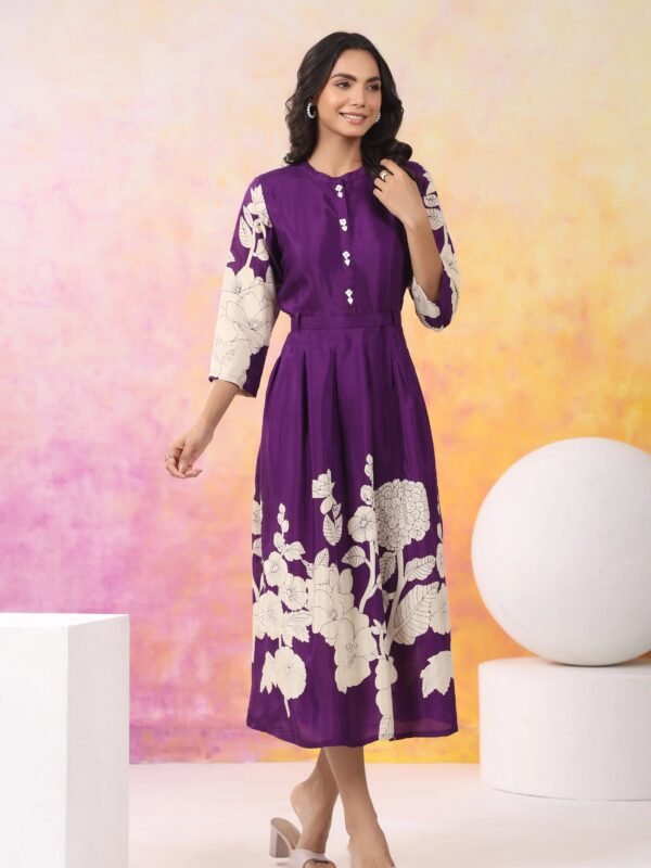 Purple Base With Cream Color Bold Flower Motif Midi Dress