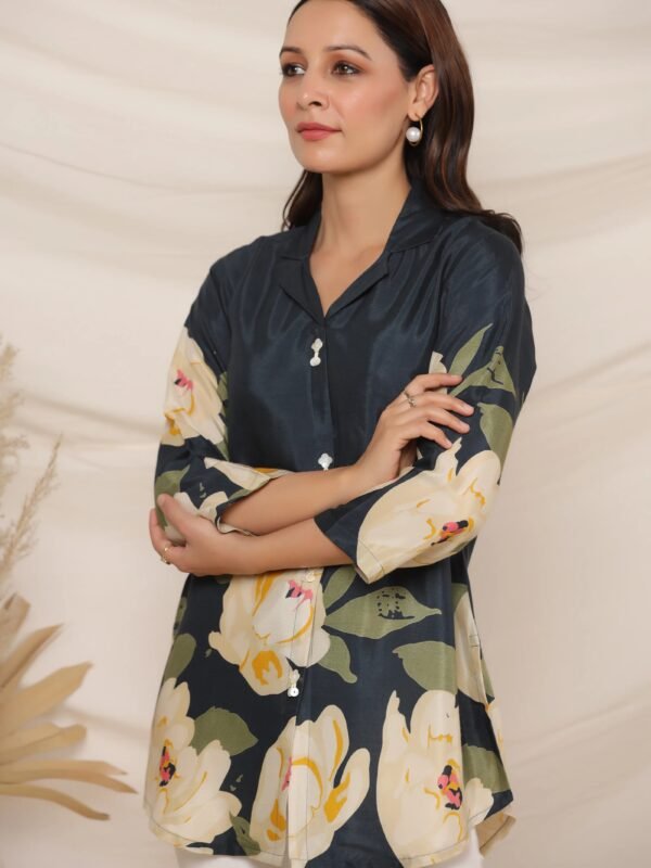 Peacock Blue Bold Floral Top in Russian Silk