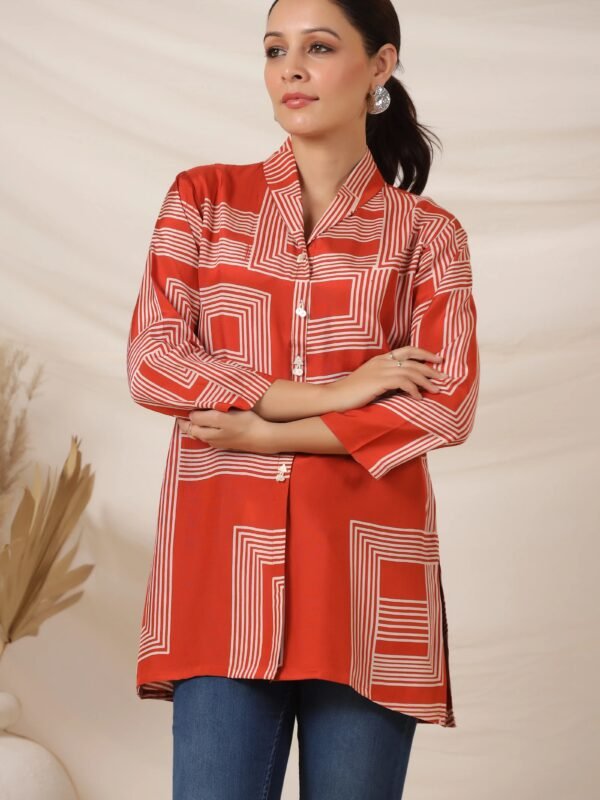 Cream Stripe Abstract Button-Down Top in Russian Silk