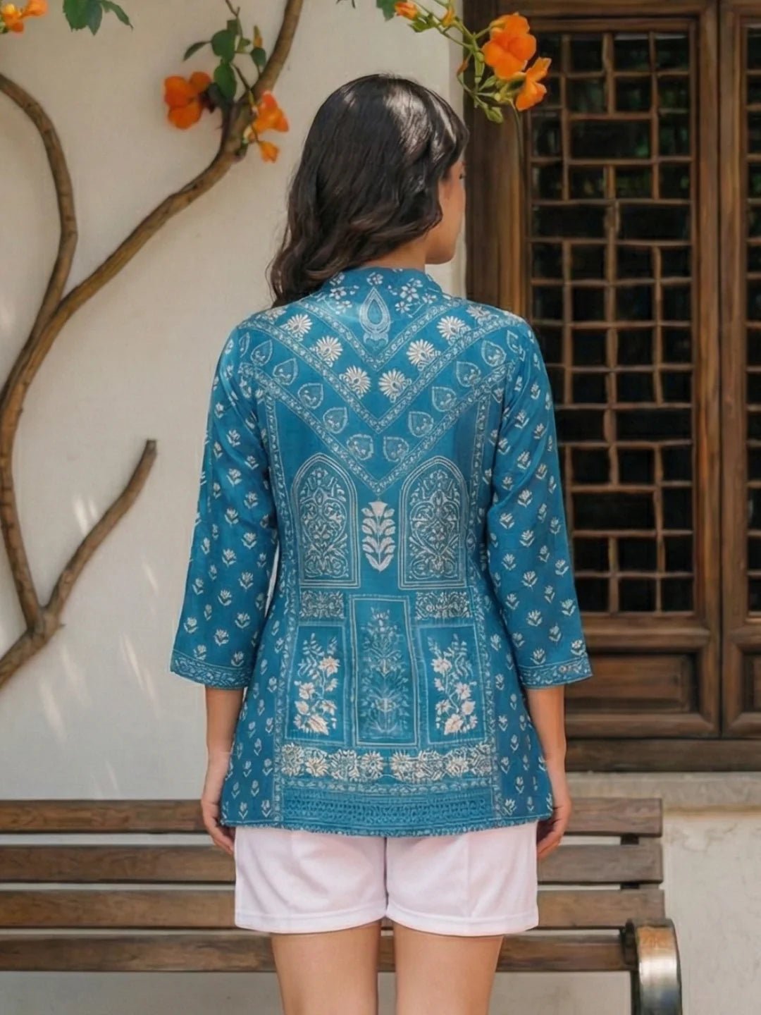 Indigo Geometric Floral Print Muslin Kurti - Image 2