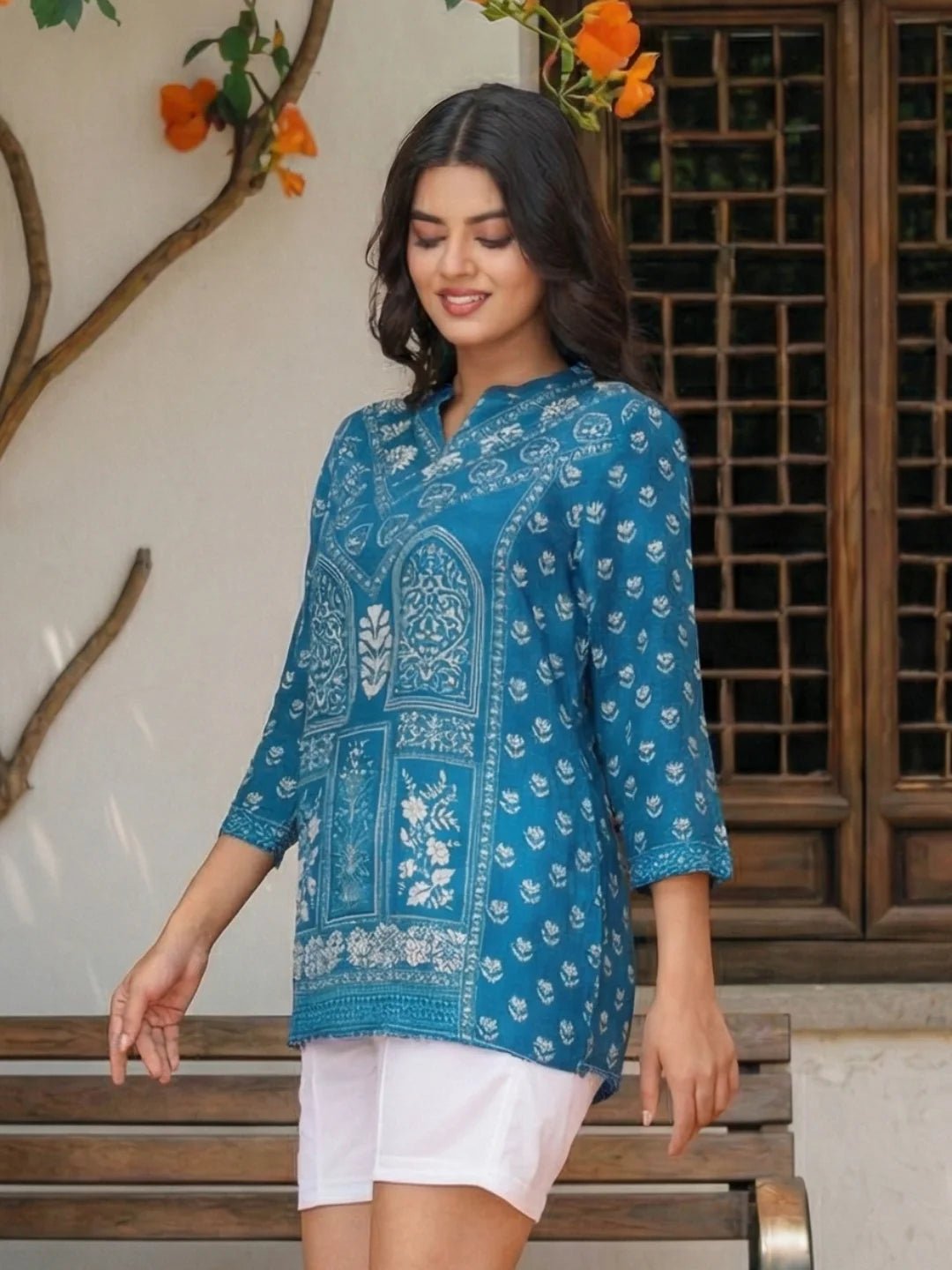 Indigo Geometric Floral Print Muslin Kurti - Image 3