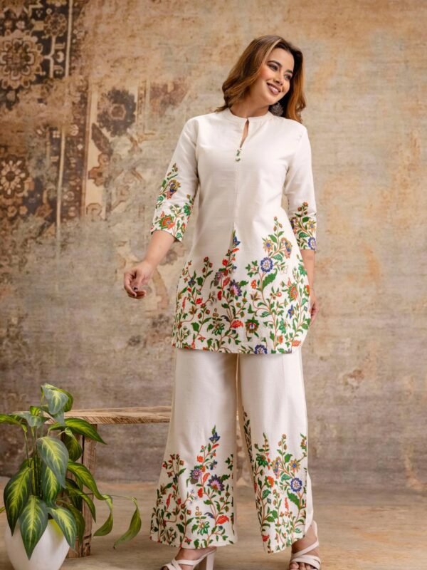 Cream Multicolour Botanical Kurta & Wide-Leg Co-ord Set in Cotton Flex