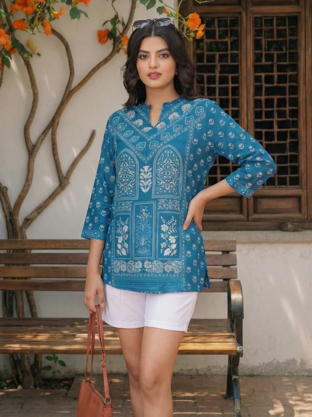 Indigo Geometric Floral Print Muslin Kurti - Image 4