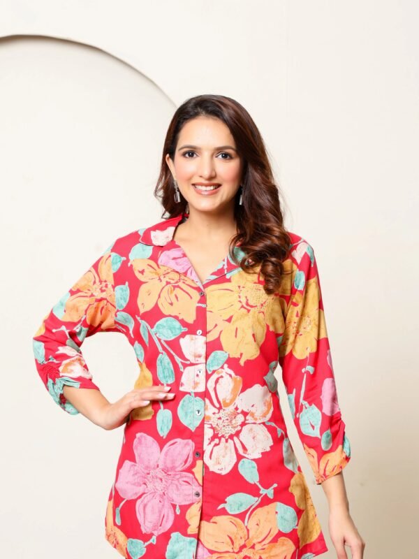 Pink Base Multicolor Floral Foil Printed Tunic