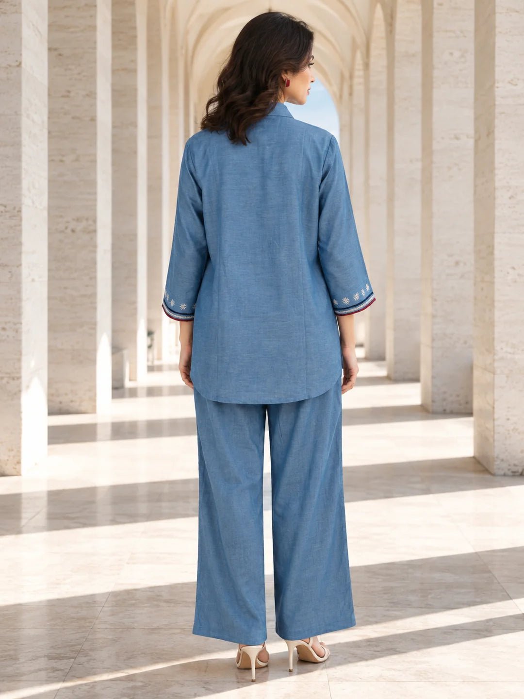 Dailyfab Light Denim Blue Geometric Embroidered Co-ord Set in Cotton Denim - Image 2
