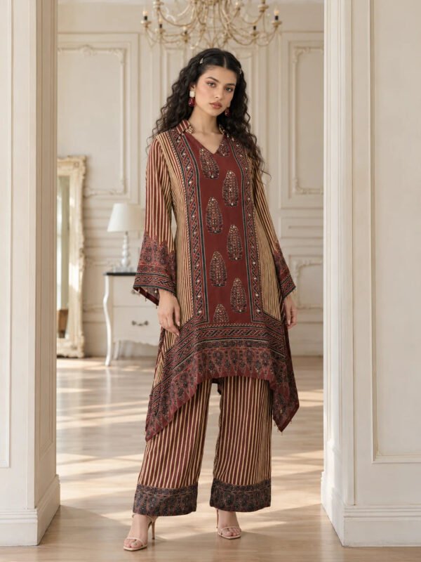 Dailyfab Maroon & Beige High-Low Mirror Embellished Patch Print Co-ord Set in Crepe