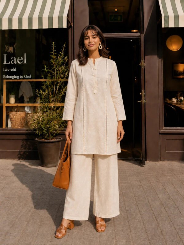 Dailyfab Beige Embroidered 2-Piece Co-ord Set in Cotton Flex