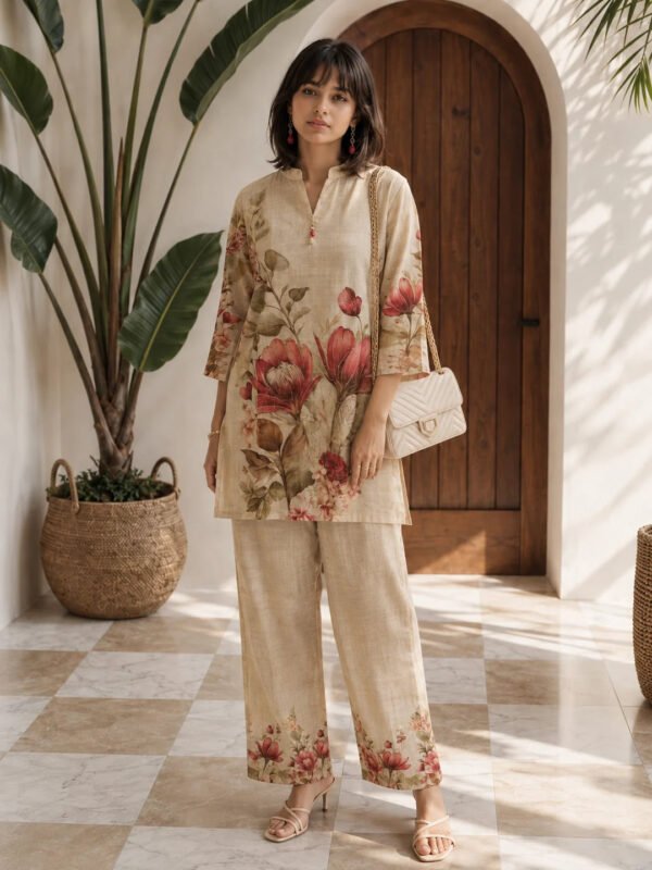 Dailyfab Beige Lily Printed 2-Piece Co-ord Set in Viscose