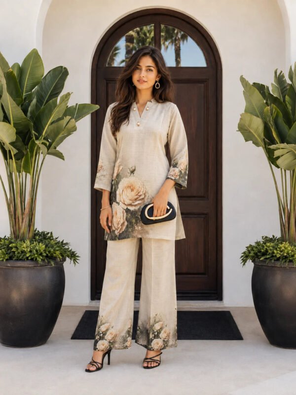 Dailyfab Cream Rose Printed Co-ord Set in Viscose