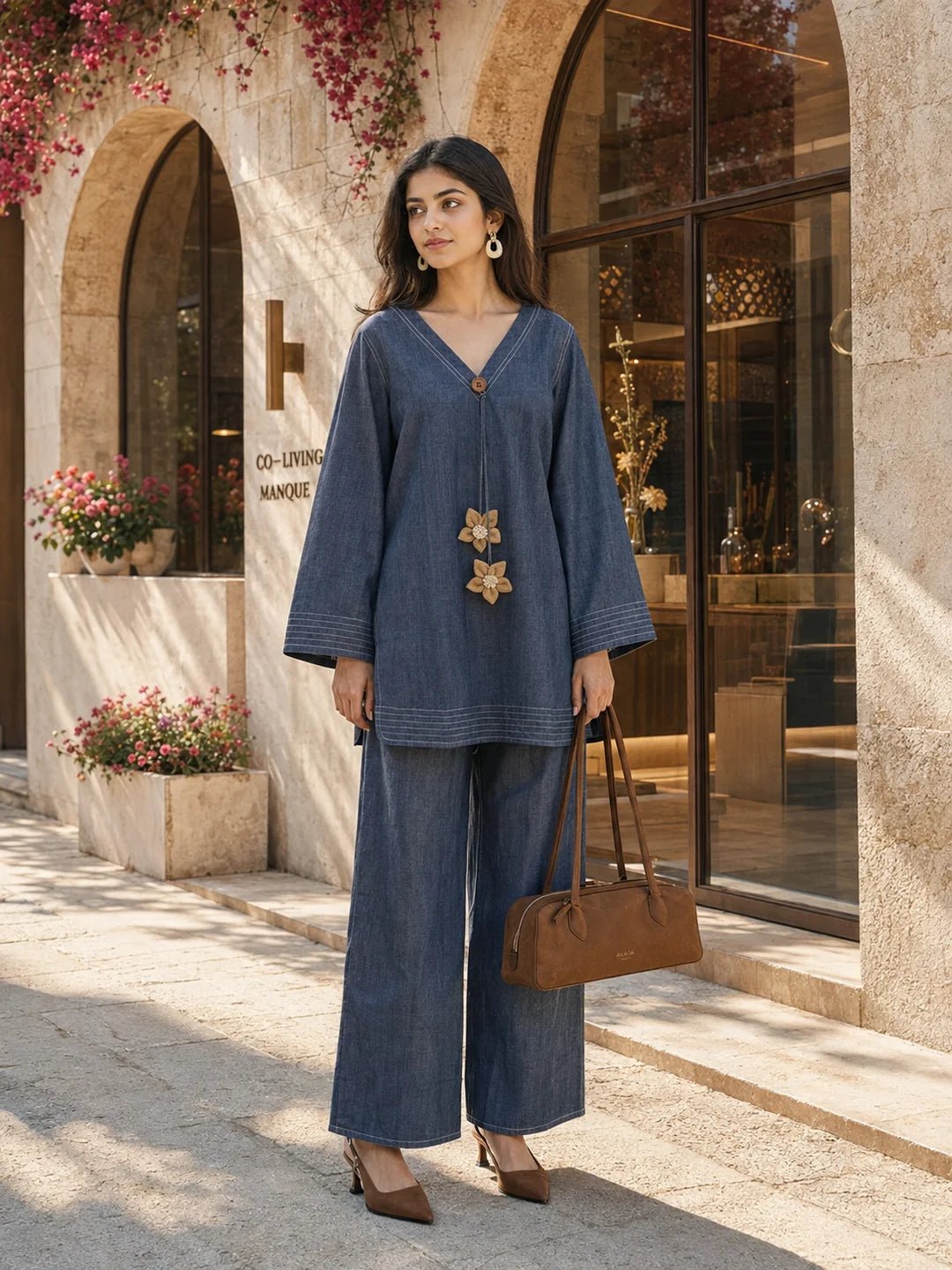 Dailyfab Washed Denim Blue 2-Piece Co-ord Set in Cotton Denim