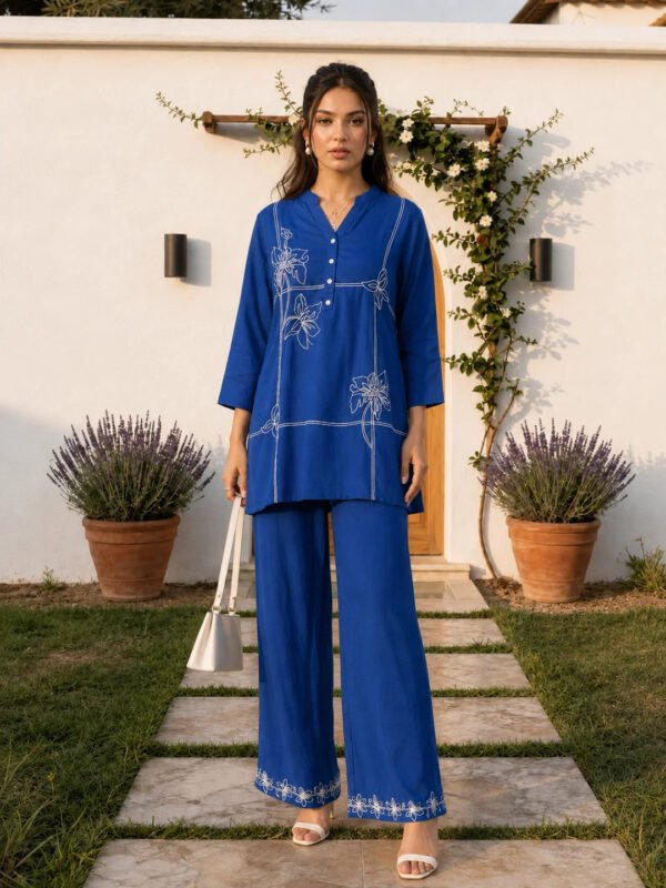 Dailyfab Navy Blue White Floral Embroidered Co-Ord Set in Rayon