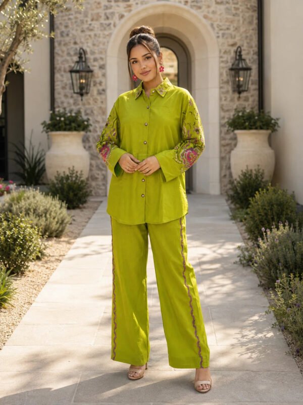 Dailyfab Parrot Green Floral Embroidered Co-Ord Set in Cotton