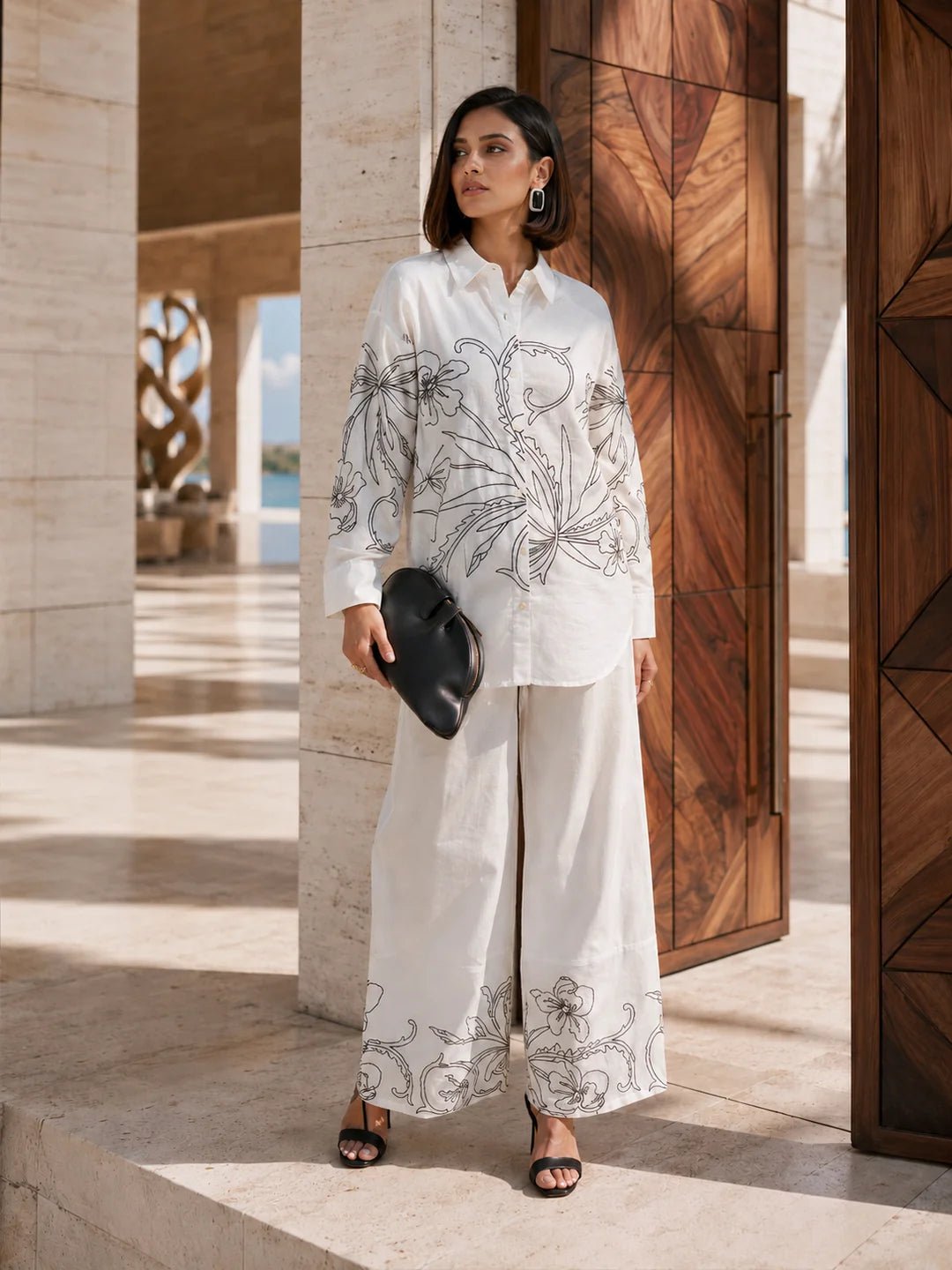 Dailyfab White Floral Embroidered Co-Ord Set in Cotton