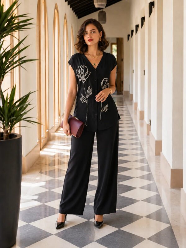Dailyfab Black Embroidered Floral Co-Ord Set in Rayon