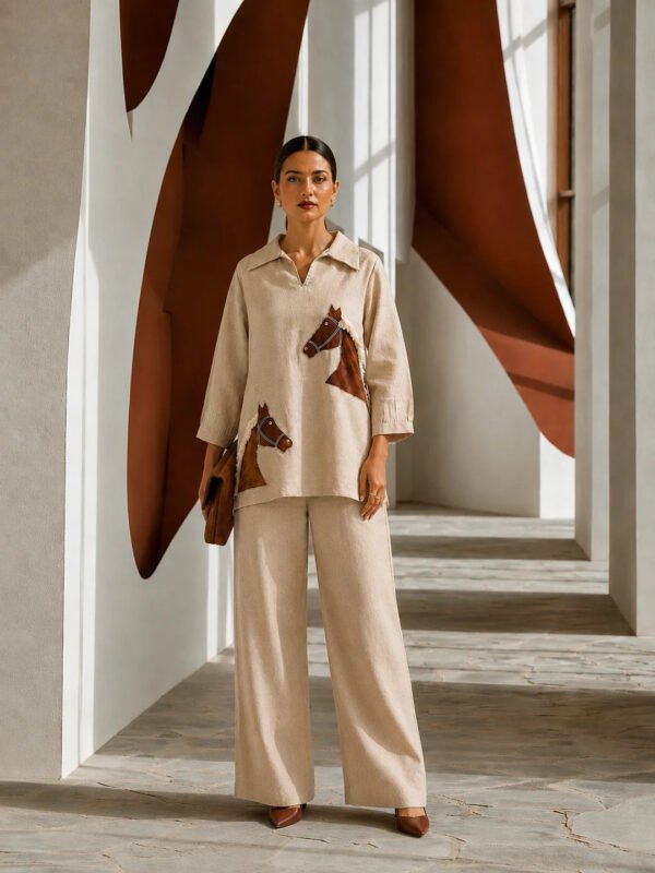 Dailyfab Beige Horse Appliqué Co-Ord Set with Fringe Lace in Jute Cotton