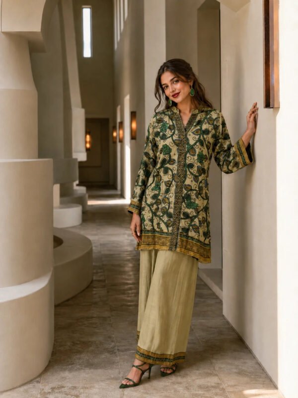 Dailyfab Beige and Green Printed with Sequin Embroidery Co-Ord Set in Muslin