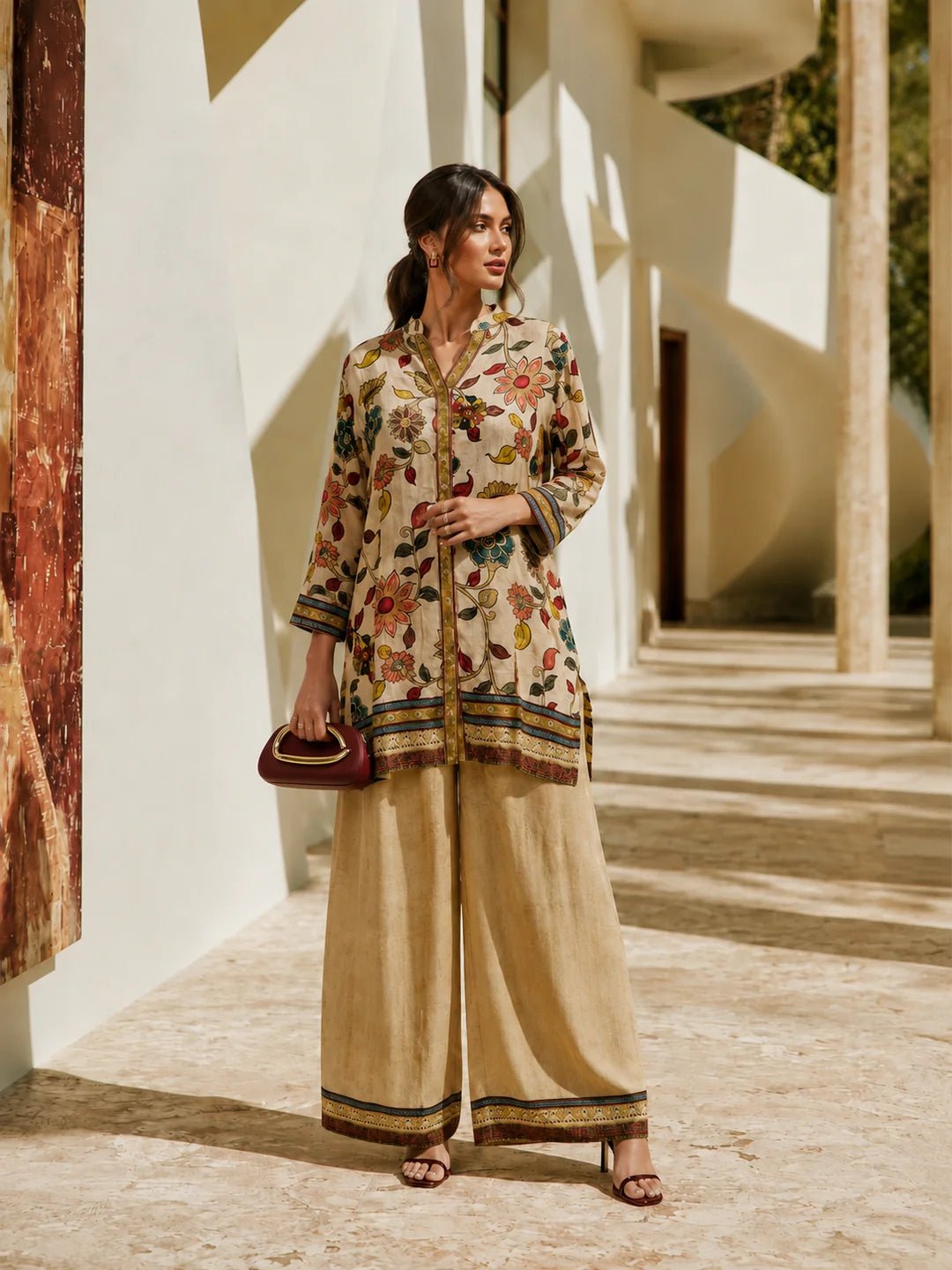 Dailyfab Light Peach Printed with Sequin Embroidery Co-Ord Set in Muslin