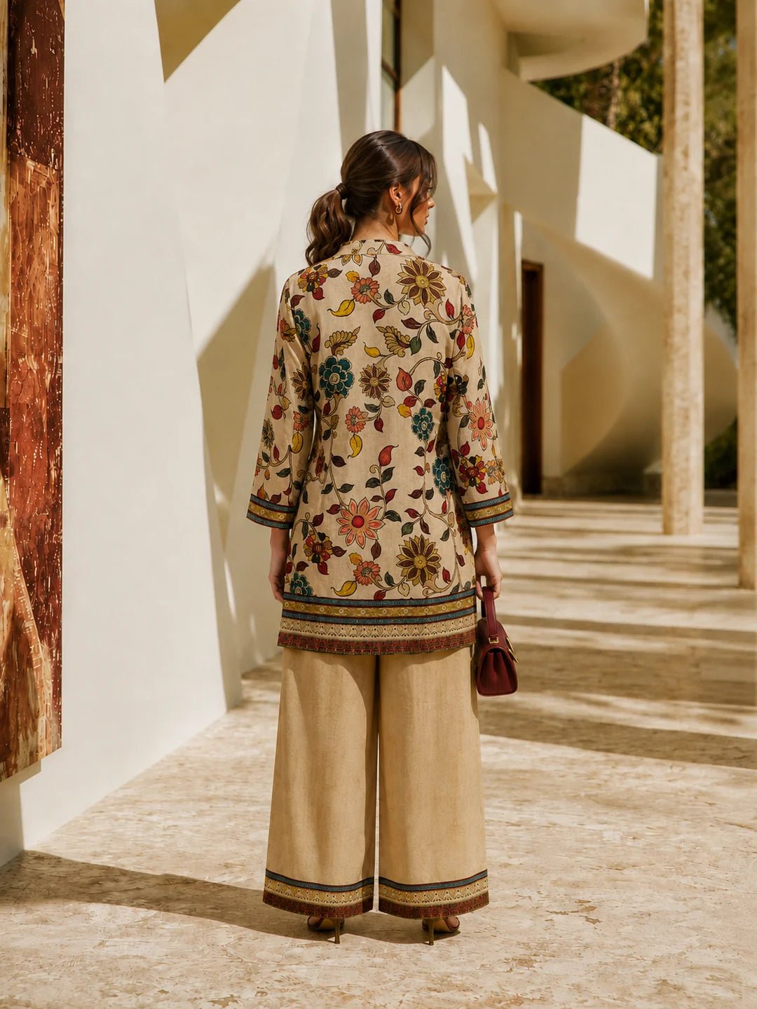Dailyfab Light Peach Printed with Sequin Embroidery Co-Ord Set in Muslin - Image 2