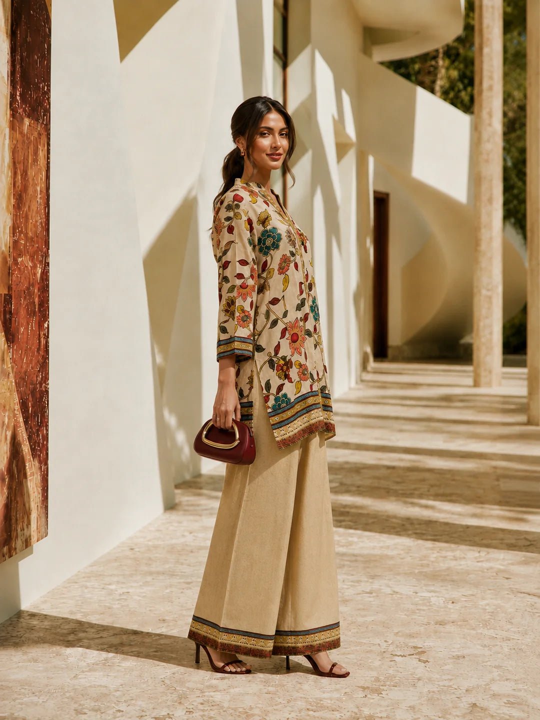 Dailyfab Light Peach Printed with Sequin Embroidery Co-Ord Set in Muslin - Image 5