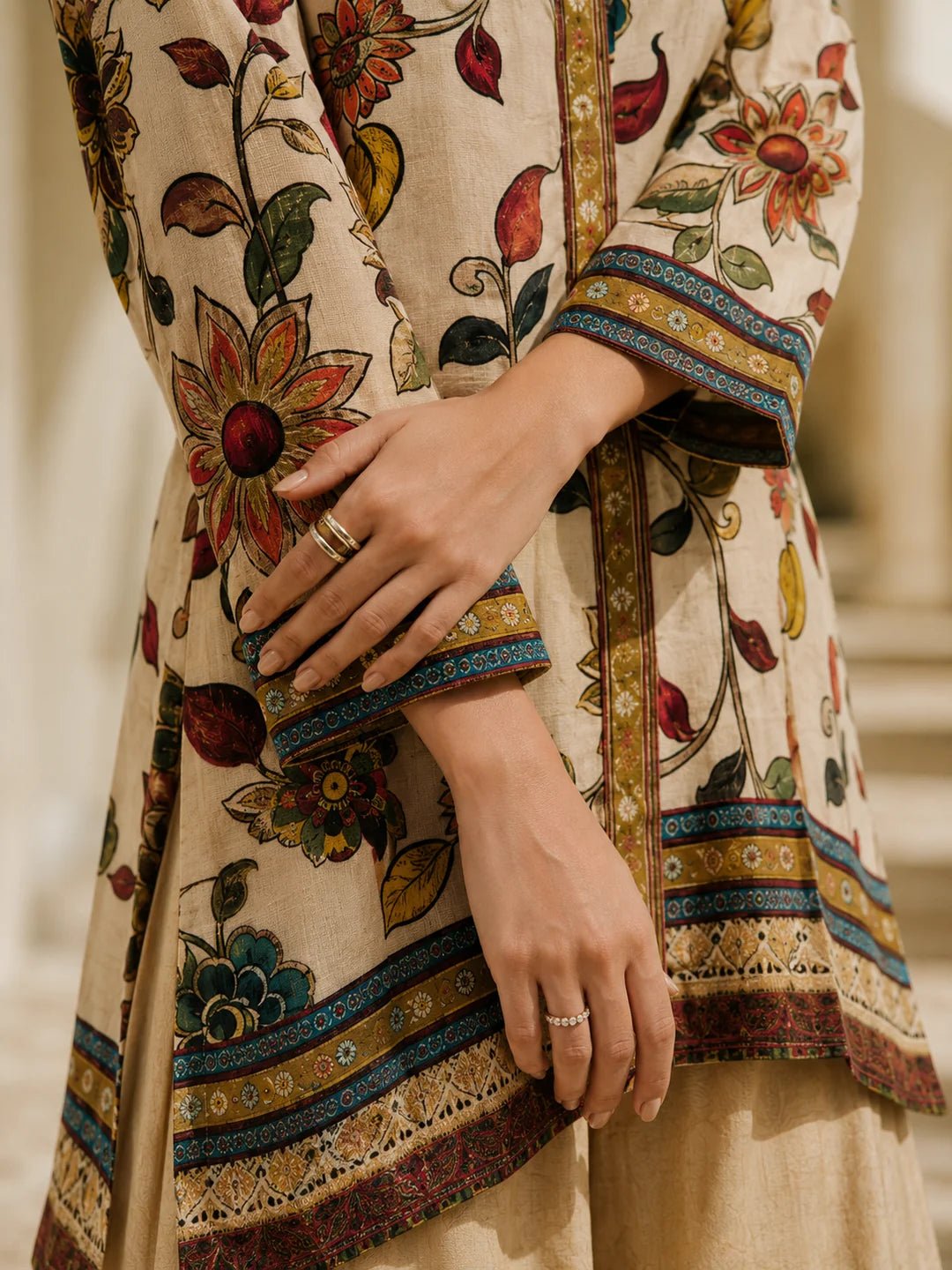 Dailyfab Light Peach Printed with Sequin Embroidery Co-Ord Set in Muslin - Image 4