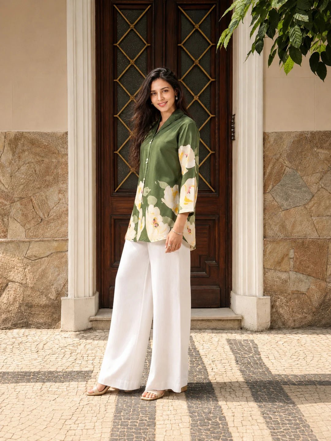 Olive Green Bold Floral Printed Top in Russian Silk - Image 5