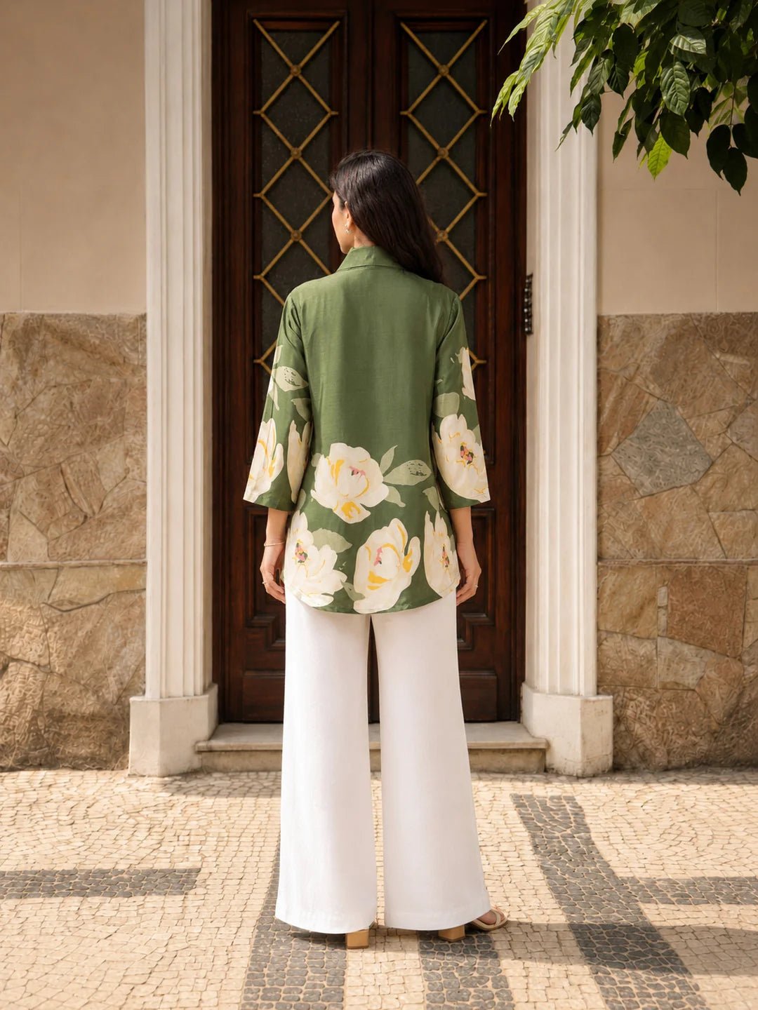 Olive Green Bold Floral Printed Top in Russian Silk - Image 2