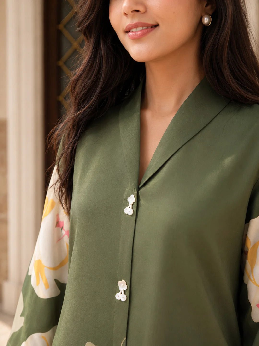 Olive Green Bold Floral Printed Top in Russian Silk - Image 3