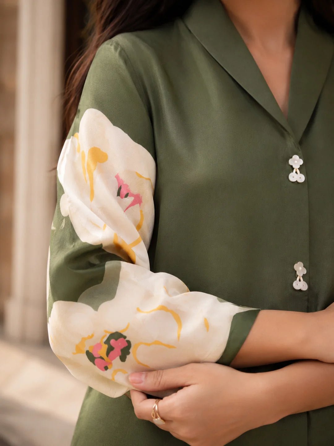 Olive Green Bold Floral Printed Top in Russian Silk - Image 4