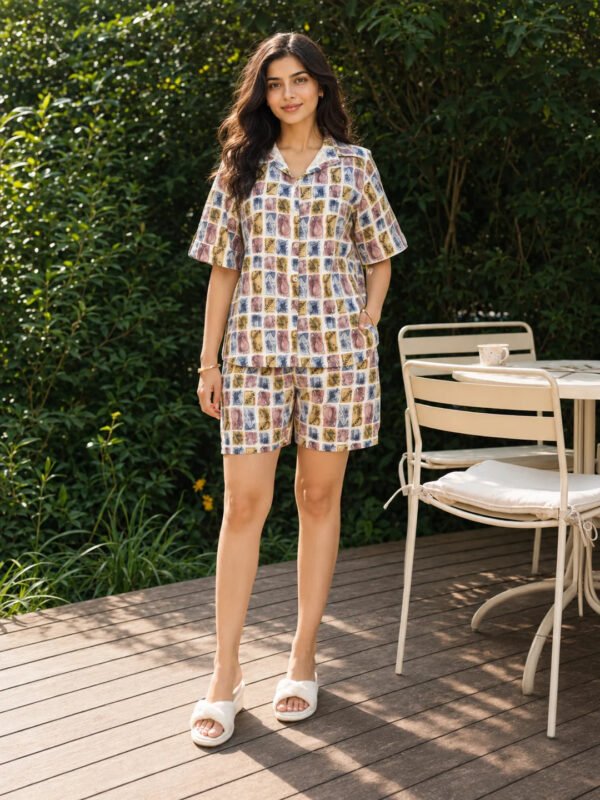 Multicolor Stamp Print Cotton Co-Ord Set with Shirt Collar & Shorts