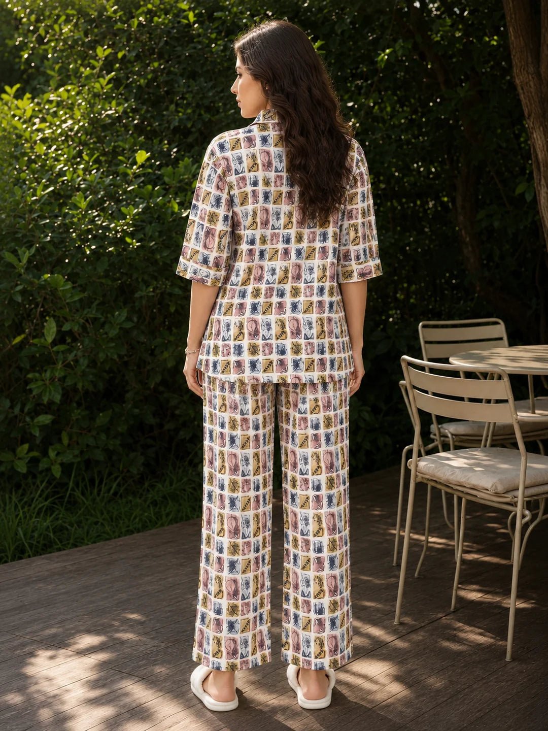 Multicolor Stamp Print Cotton Co-Ord Set with Shirt Collar Silhouette - Image 2