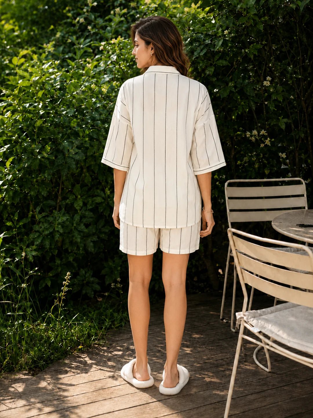 White Cotton Short Co-ord Set with Black Vertical Stripes - Image 2