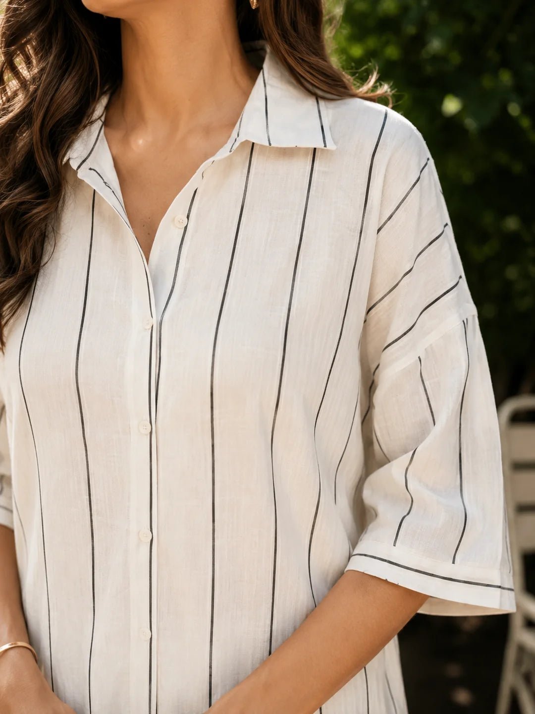 White Cotton Short Co-ord Set with Black Vertical Stripes - Image 3
