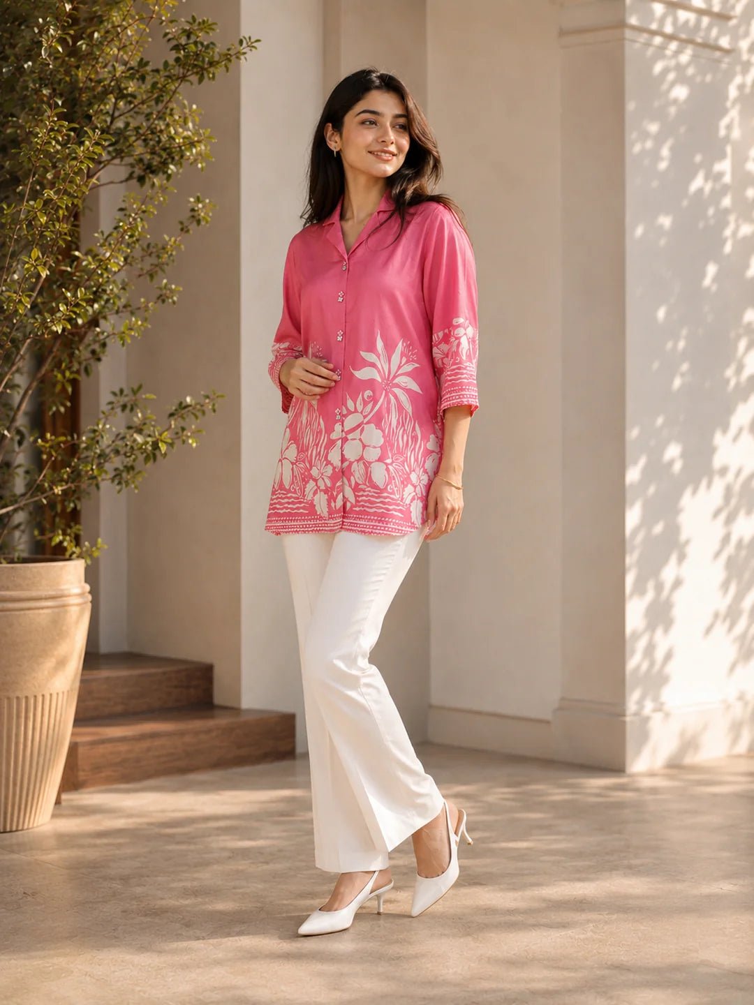 Sugar Plum Pink Floral Printed Russian Silk Top - Image 5