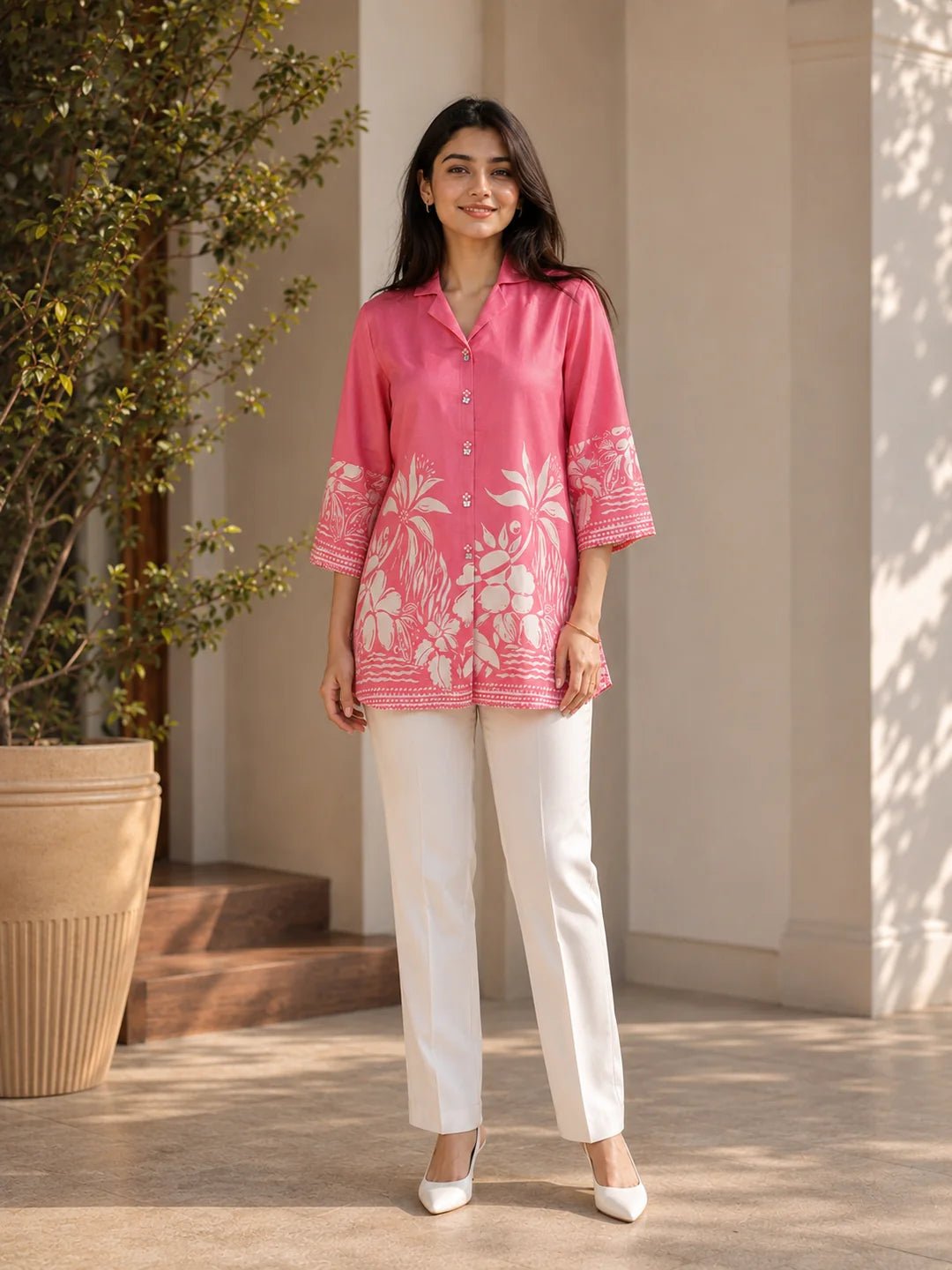 Sugar Plum Pink Floral Printed Russian Silk Top - Image 4