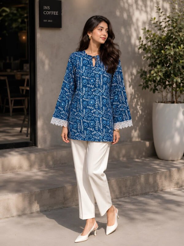 Indigo Dabu Printed Short Kurti in Cotton