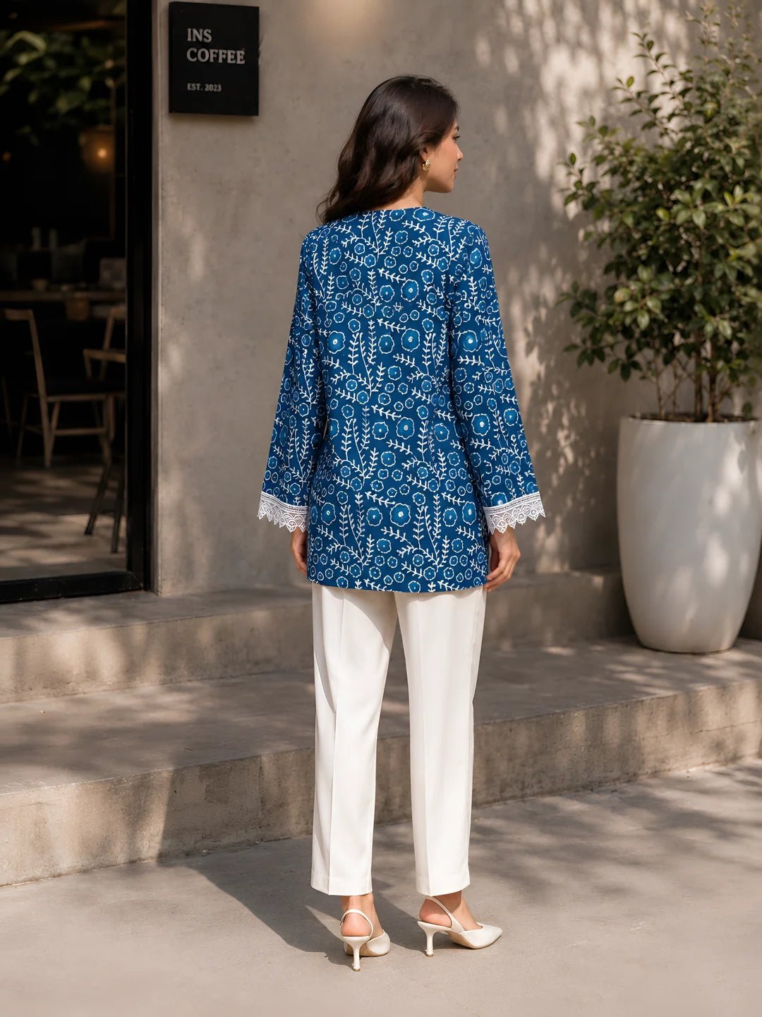 Indigo Dabu Printed Short Kurti in Cotton - Image 2