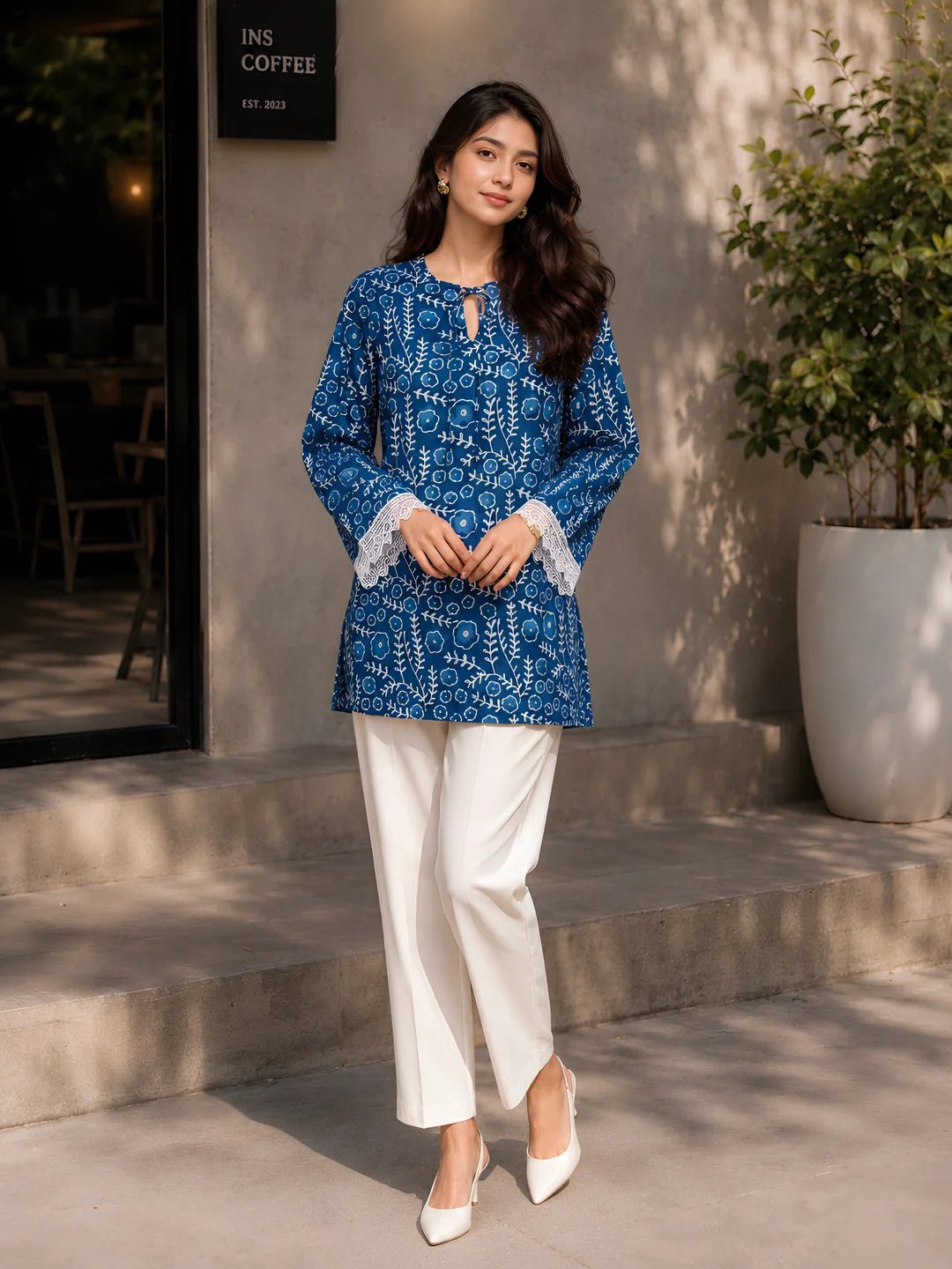 Indigo Dabu Printed Short Kurti in Cotton - Image 5