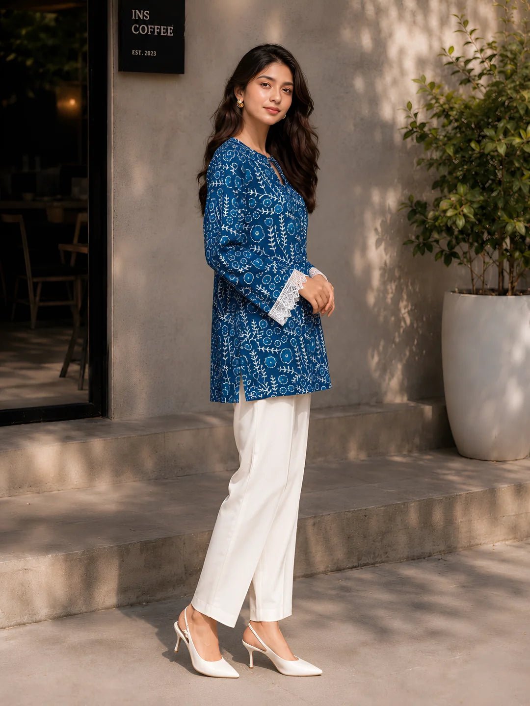 Indigo Dabu Printed Short Kurti in Cotton - Image 3