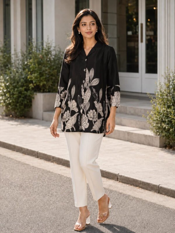 Black & Cream Notch Collar Printed Tunic