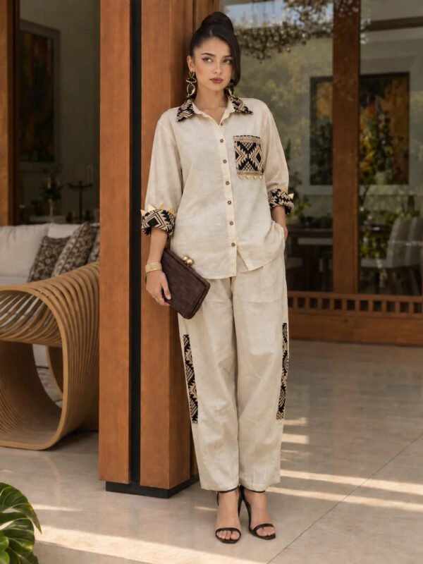 Dailyfab Natural Beige Geometric Patchwork Co-Ord Set with Wooden Button Shirt in Cotton