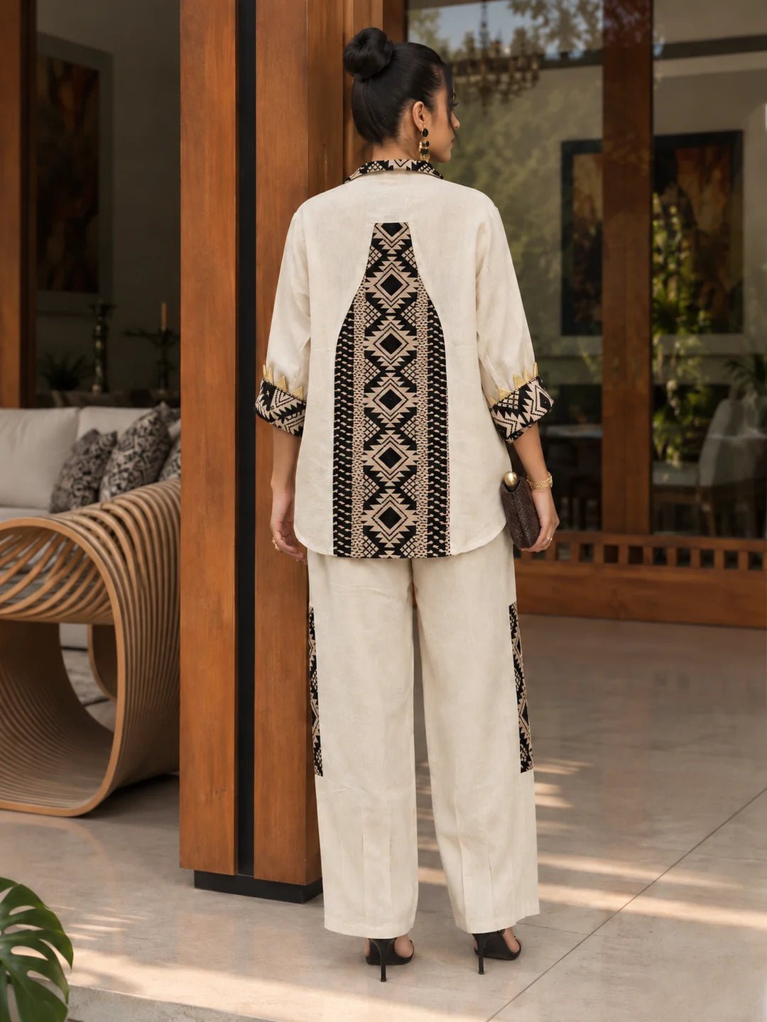 Dailyfab Natural Beige Geometric Patchwork Co-Ord Set with Wooden Button Shirt in Cotton - Image 2