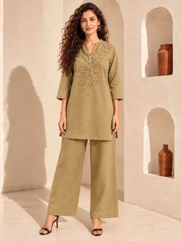 Dailyfab Earthy Beige Looped Fabric Appliqué Co-Ord Set in Cotton Flex