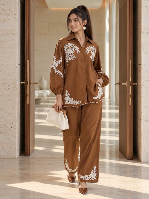 Dailyfab Chocolate Brown Cord Embroidered Scallop Co-ord Set in Cotton