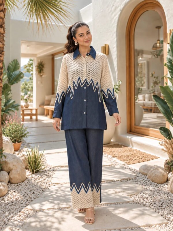 Dailyfab Indigo Chevron Lace Panel Co-ord Set in Cotton Denim